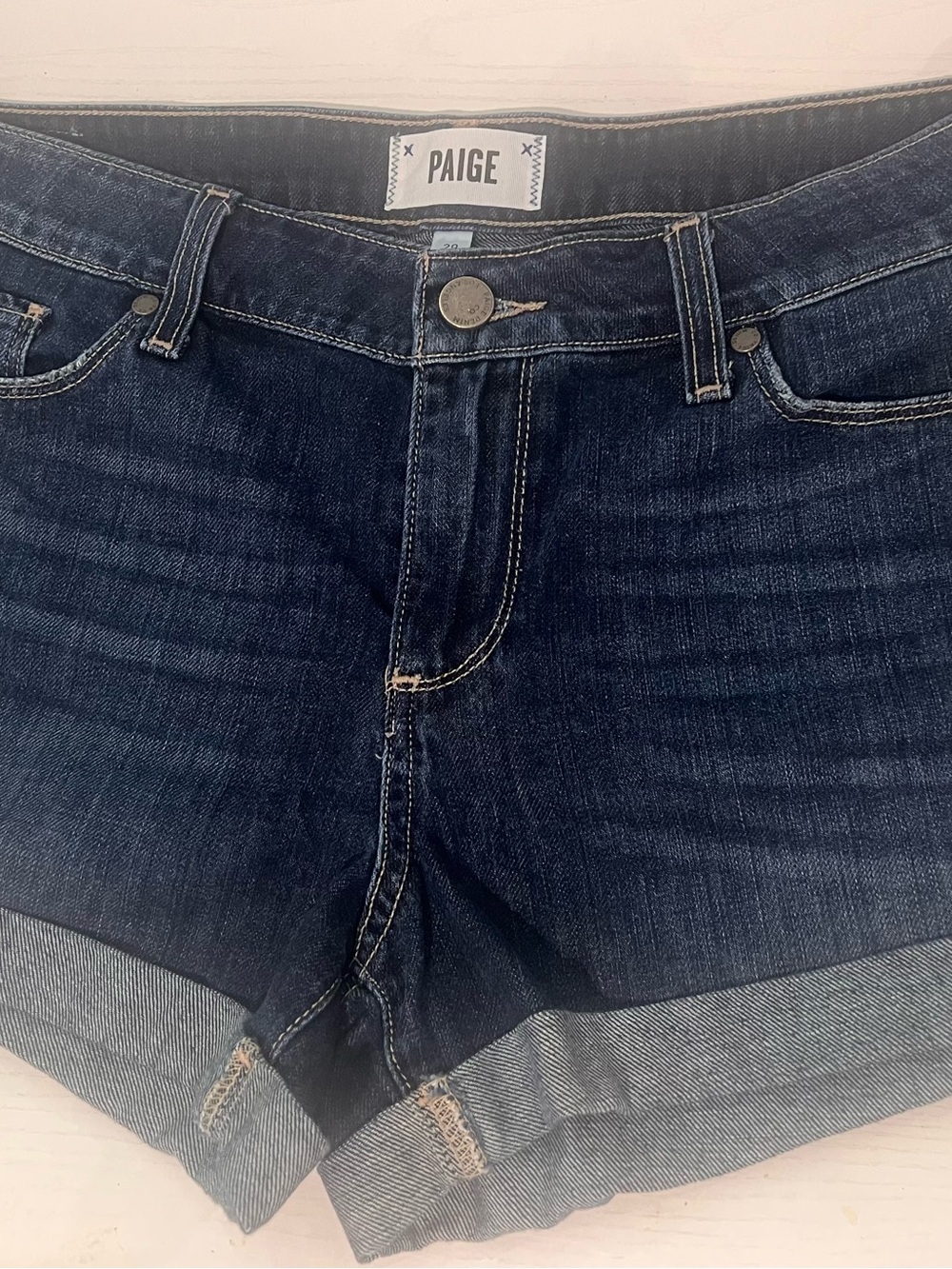PAIGE Dark Indigo Rolled Hem Denim Shorts size 29